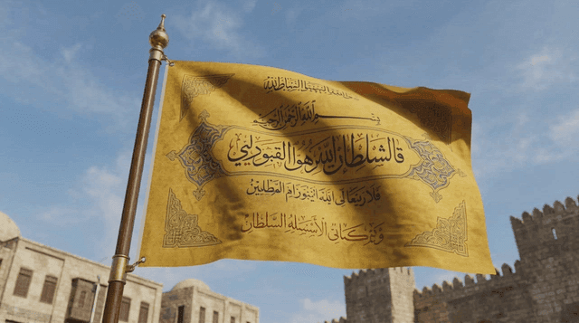Flag with Arabic writing in front of historical building