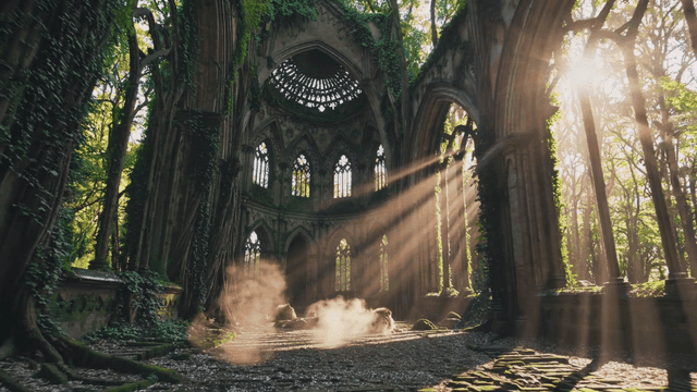 Lions resting in an overgrown ancient ruin