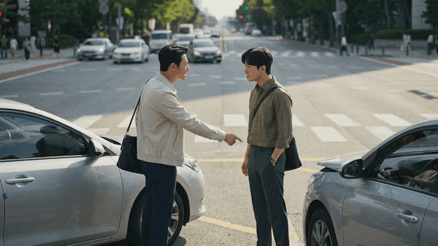 Two men arguing on road after traffic accident