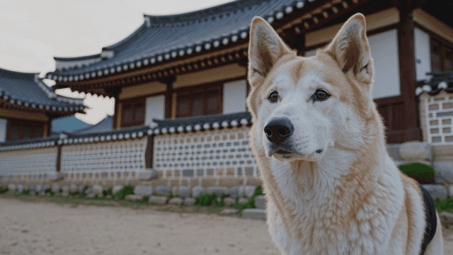 Jindo dog in front of traditional Hanok