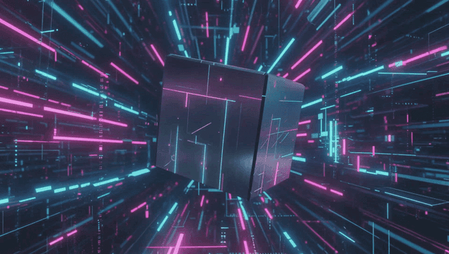 Glowing cube in a digital space