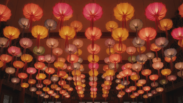 Colorful lanterns hanging in temple