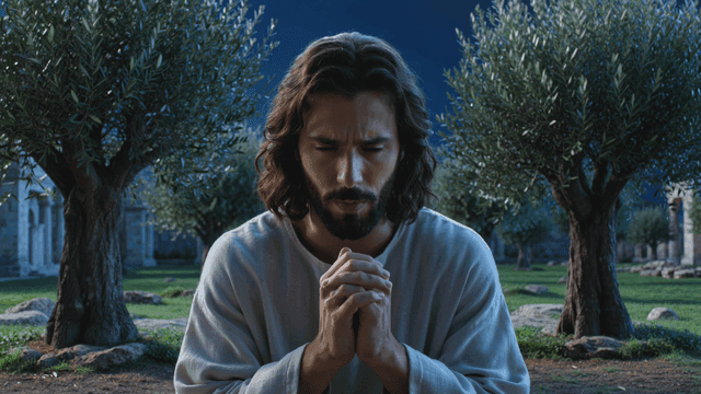 Jesus praying with trees at night