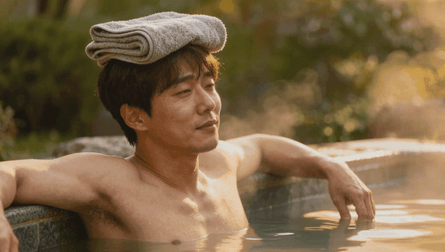 남자가 야외 온천에서 휴식을 취하는 모습