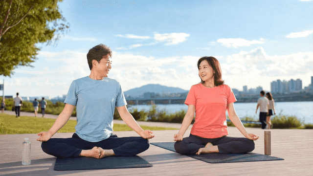 Couple doing yoga by river
