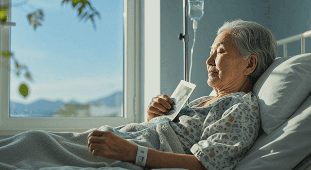 병원 침대에 누워 사진을 보는 환자