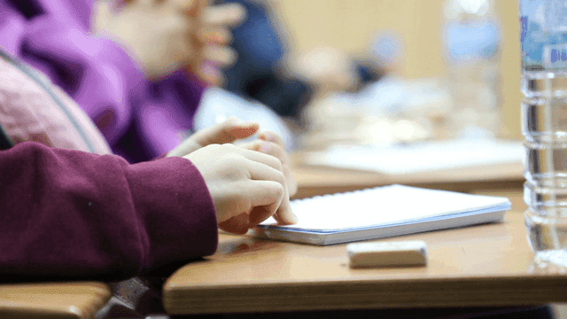 Elementary school students taking notes in classroom