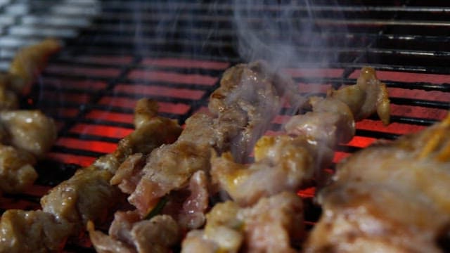 Skewered meat grilling over hot coals