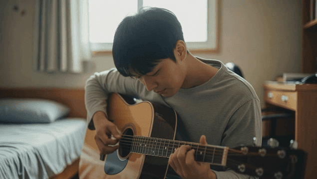 방에서 기타를 치는 젊은 남성