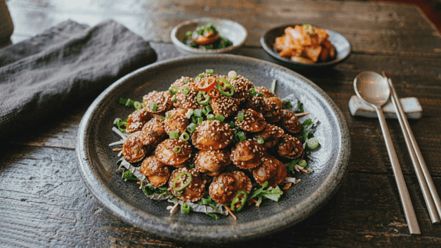 Spicy seasoned cockles sprinkled with sesame seeds and chives