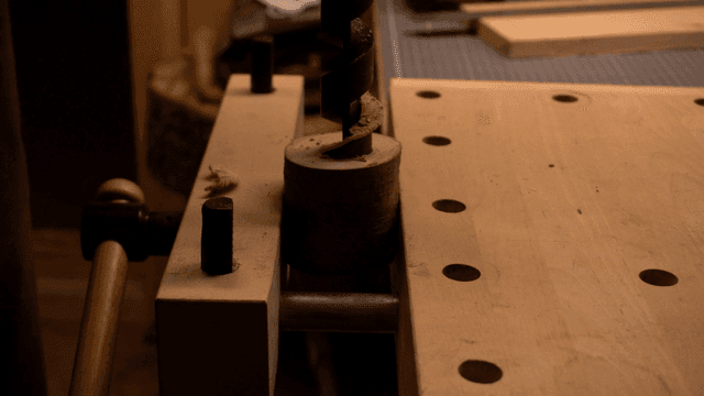 Drilling wood in a workshop