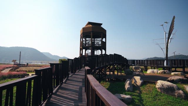 Scenic landscape with wooden observation deck and pathways