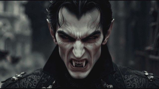 Male vampire with angry red eyes and fangs
