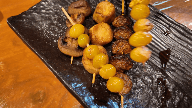 Grilled skewers with mushrooms and ginkgo