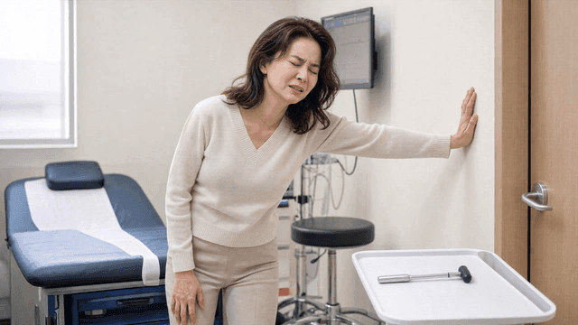 Woman leaning against wall in medical room, looking uncomfortable