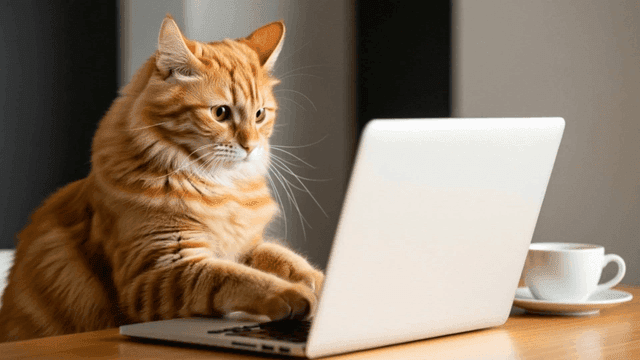 집중하며 노트북을 사용하는 고양이