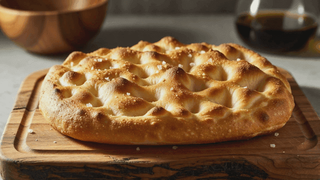 Freshly baked focaccia bread on a wooden board
