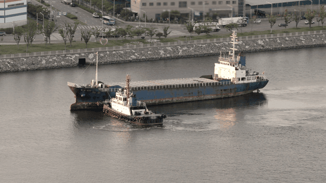 대형 화물선을 안내하는 예인선