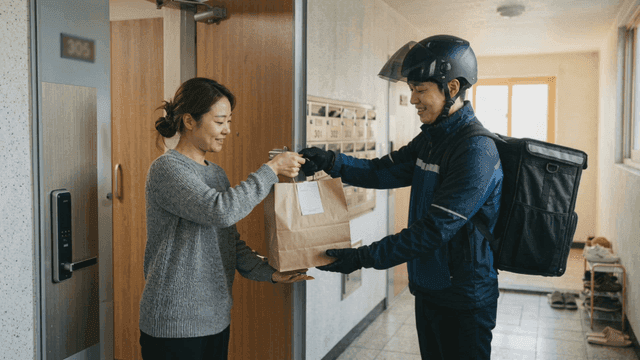Delivery person handing woman delivery food at apartment door