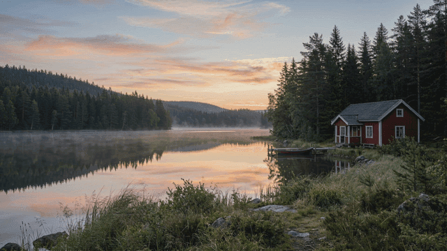 Quiet lake and cabin at dawn