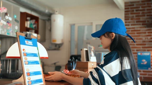 갓 구운 피자를 서빙하는 여성