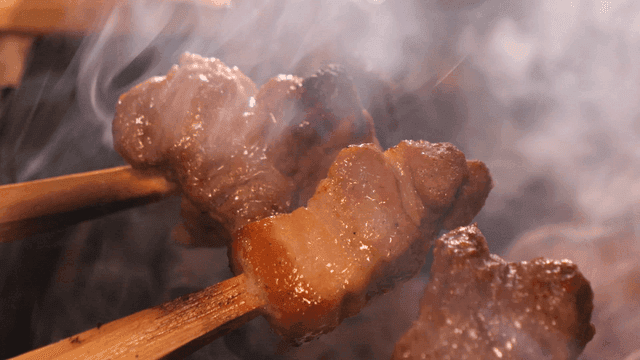 Grilled meat skewers with smoke rising