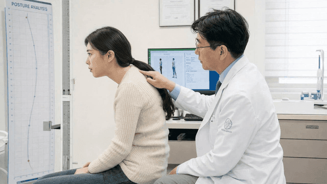 Doctor examining posture of patient with forward head posture.