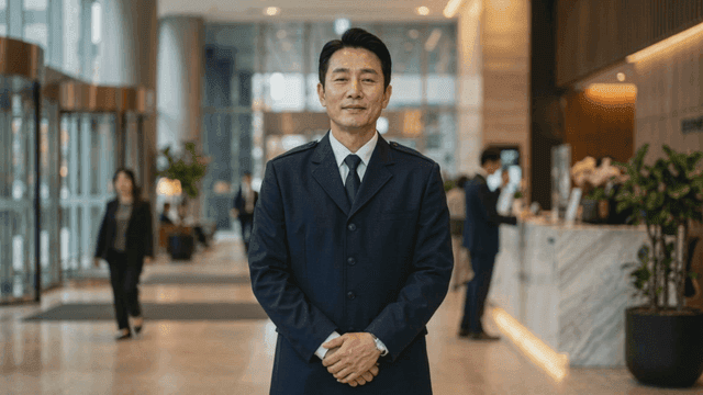 Hotel manager standing in modern lobby