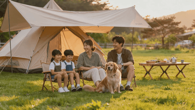 강아지와 캠핑을 즐기는 가족