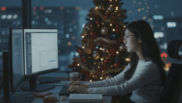 크리스마스 밤늦게에 사무실에서 일하는 여성