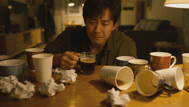 컵에 둘러싸여 커피를 마시는 남자