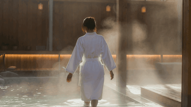 Back view of woman wearing robe entering steaming spa