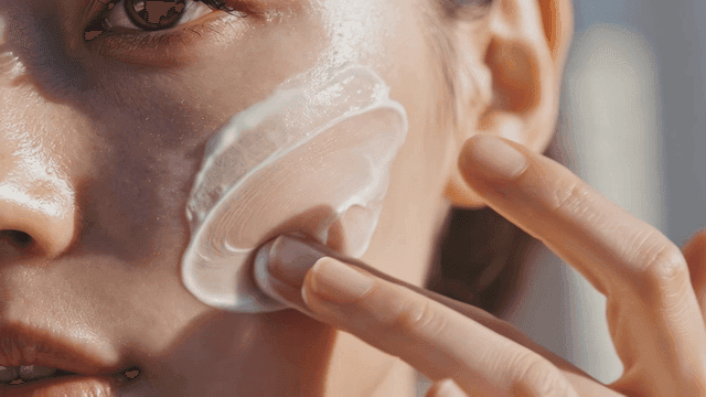 Woman applying cream to her face