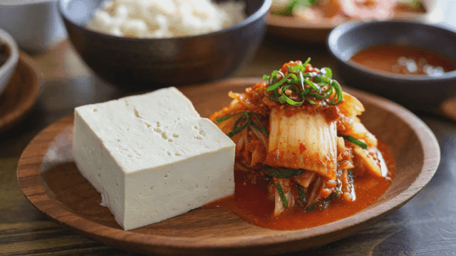 Tofu kimchi on wooden plate