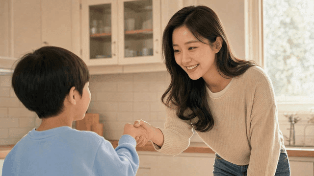 Woman and child shaking hands in kitchen
