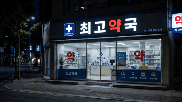 Pharmacy on quiet street at night