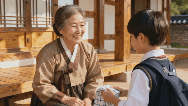 Grandmother in hanbok handing fabric to her grandson