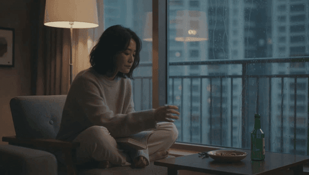 Woman drinking soju alone by the window of her apartment on a rainy day