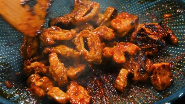 Stir-Fried Intestines Cooked in a Frying Pan