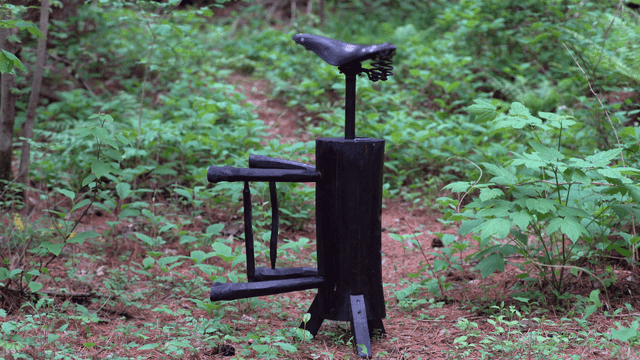 숲속의 자전거 안장이 있는 나무 통나무