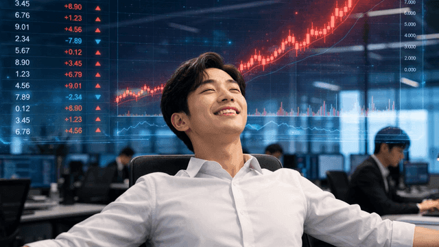 팔벌려 주가 차트에 행복해하는 직장인 남성