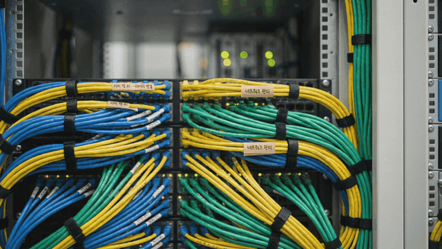 Network cables organized in a server rack