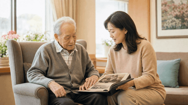 Elderly person and woman looking at photo album