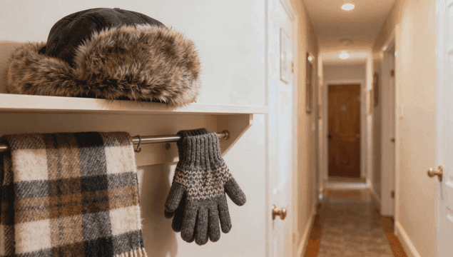 선반 위 겨울 방한 용품들이 있는 복도