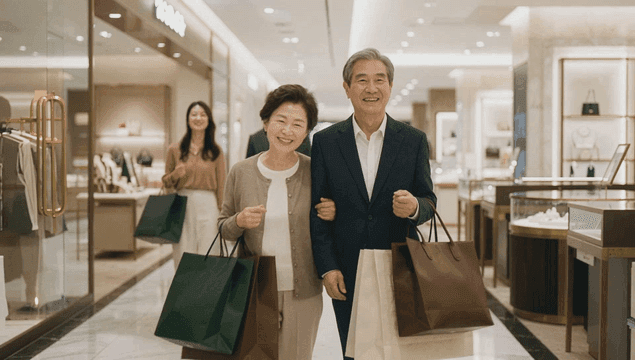 Friendly elderly couple shopping at department store