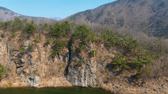 강가의 소나무가 있는 바위 절벽