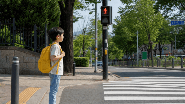 Child waiting at crosswalk with red traffic light