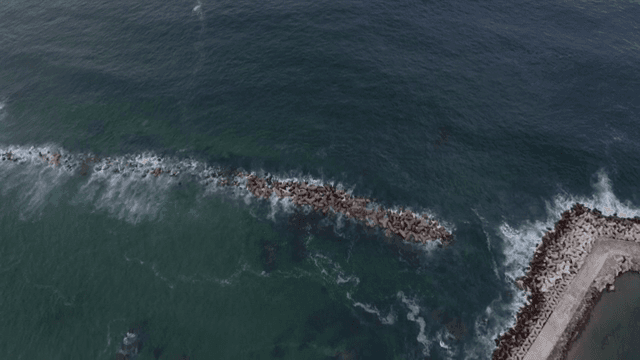 Aerial view of a coastal breakwater