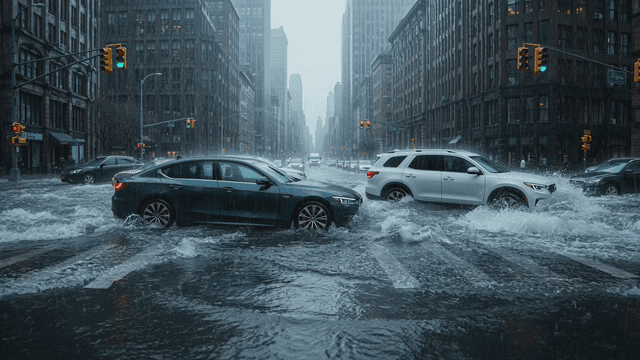 Flooded city streets with cars in rain