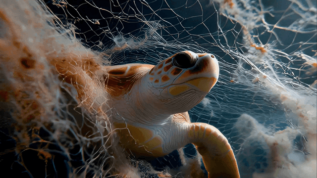 그물에 얽힌 바다 거북이